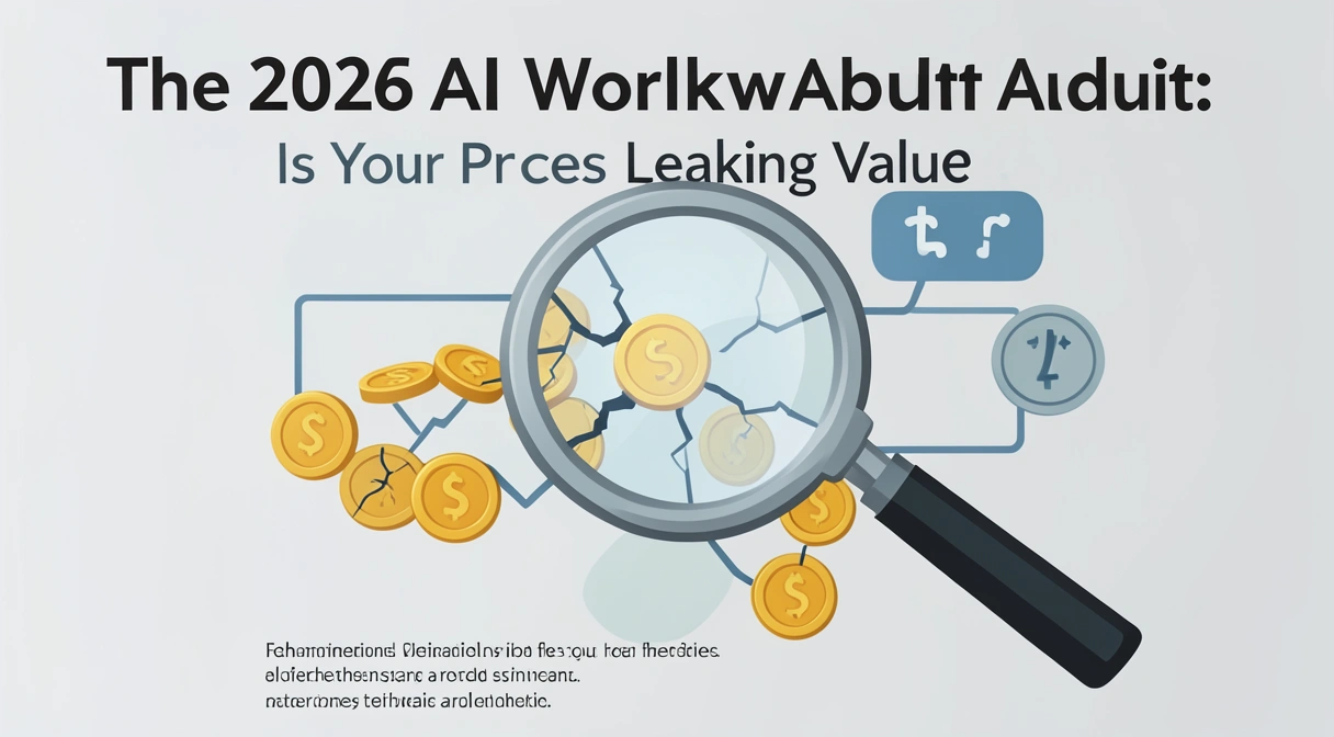 A magnifying glass over a flowchart, with dollar signs and clock icons leaking out of cracks in the process