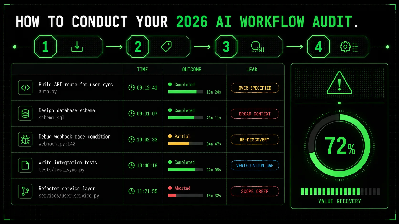 A clean dashboard view showing a table of logged AI tasks, with columns for time spent, outcome status, and identified value leak category
