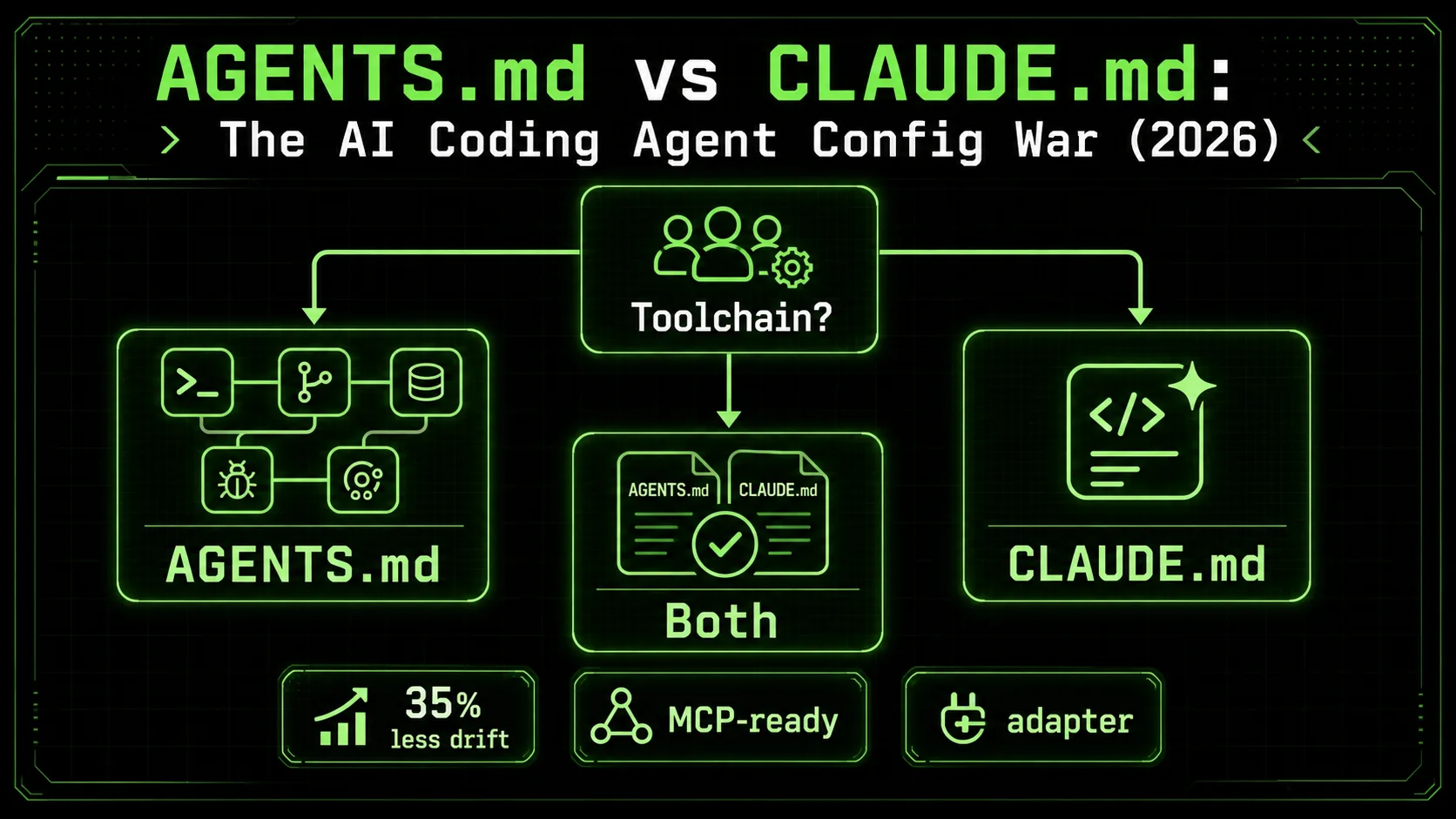 A step‑by‑step flowchart on a screen showing decision branches between AGENTS.md and CLAUDE.md, with performance metrics overlaid