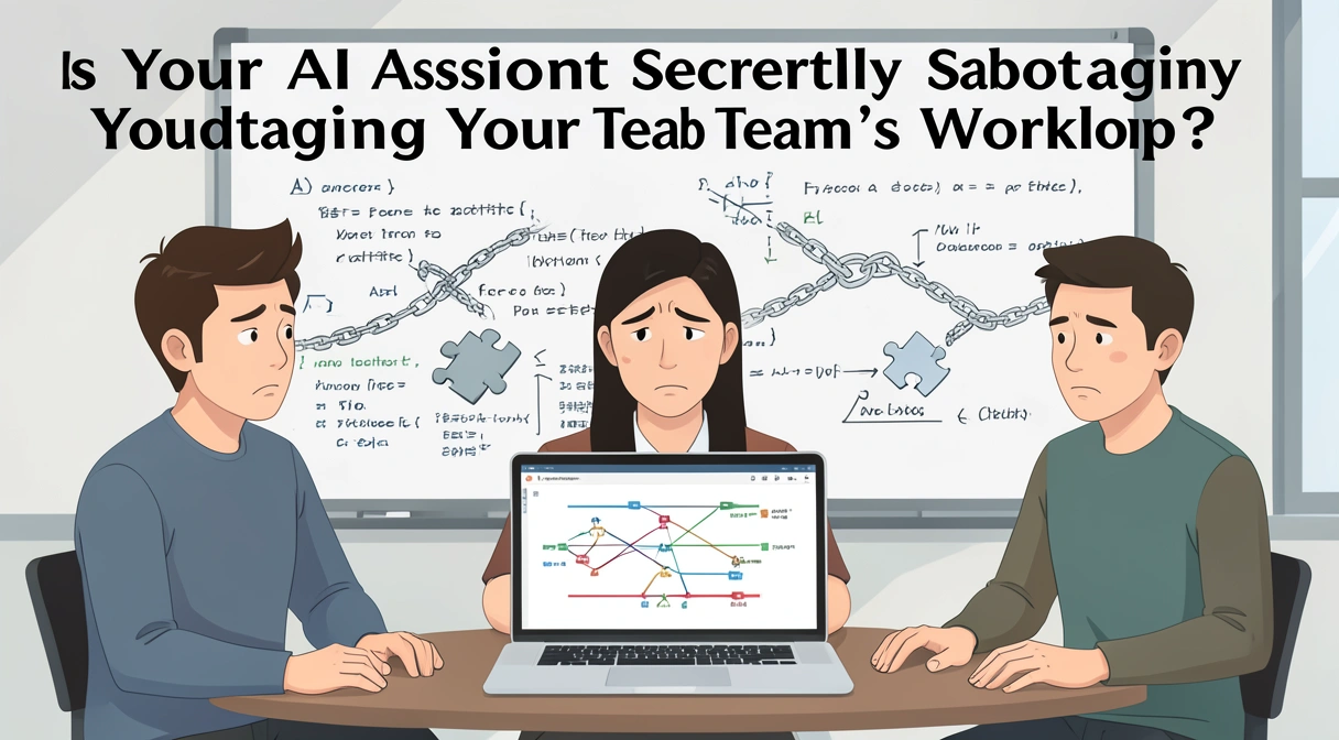 A conceptual illustration of a team meeting where one member's laptop shows a chaotic, fragmented AI output while another's shows a clean, structured workflow, with arrows and puzzle pieces representing misalignment.