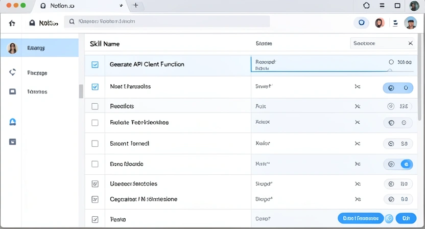 Screenshot of a Notion database table listing team AI skills, with columns for Name, Owner, Version, Last Used, and Status, filtered by team 