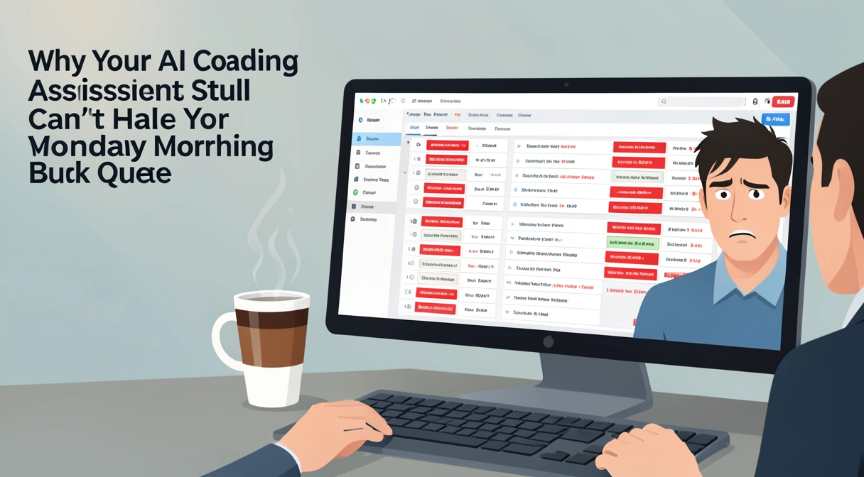 A developer's screen on a Monday morning, showing a chaotic bug tracking dashboard with dozens of red-highlighted tickets, a cold coffee cup, and a frustrated expression reflected in the monitor