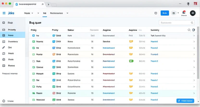 Screenshot of a Jira dashboard filtered to show a 'Bug' queue, with columns for Priority, Status, Assignee, and Summary, displaying a mix of high, medium, and low priority tickets