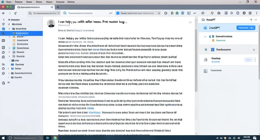 Screenshot of a VS Code editor with a ChatGPT sidebar open, showing a long, rambling prompt about multiple bugs, and the AI's response beginning with 