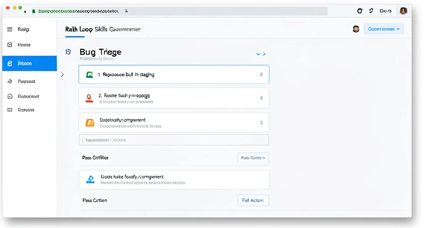 Screenshot of a Ralph Loop Skills Generator interface showing a 'Bug Triage' skill being created, with atomic tasks listed like '1. Reproduce bug in staging', '2. Isolate faulty component', and fields for 'Pass Criteria' and 'Fail Action'