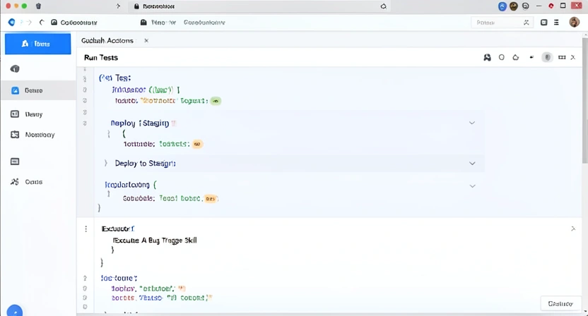Screenshot of a GitHub Actions workflow YAML file showing steps for 'Run Tests', 'Deploy to Staging', and 'Execute AI Bug Triage Skill'