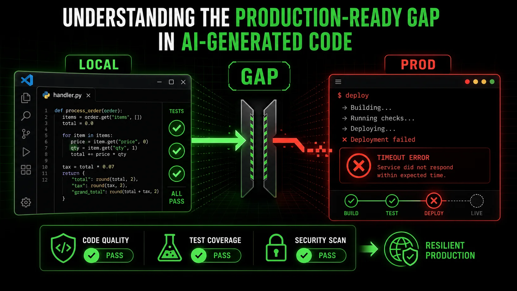 Screenshot of a VS Code editor showing a Python function generated by Claude Code, with green unit test checkmarks on the side, but a separate terminal window showing a failed deployment log with a timeout error