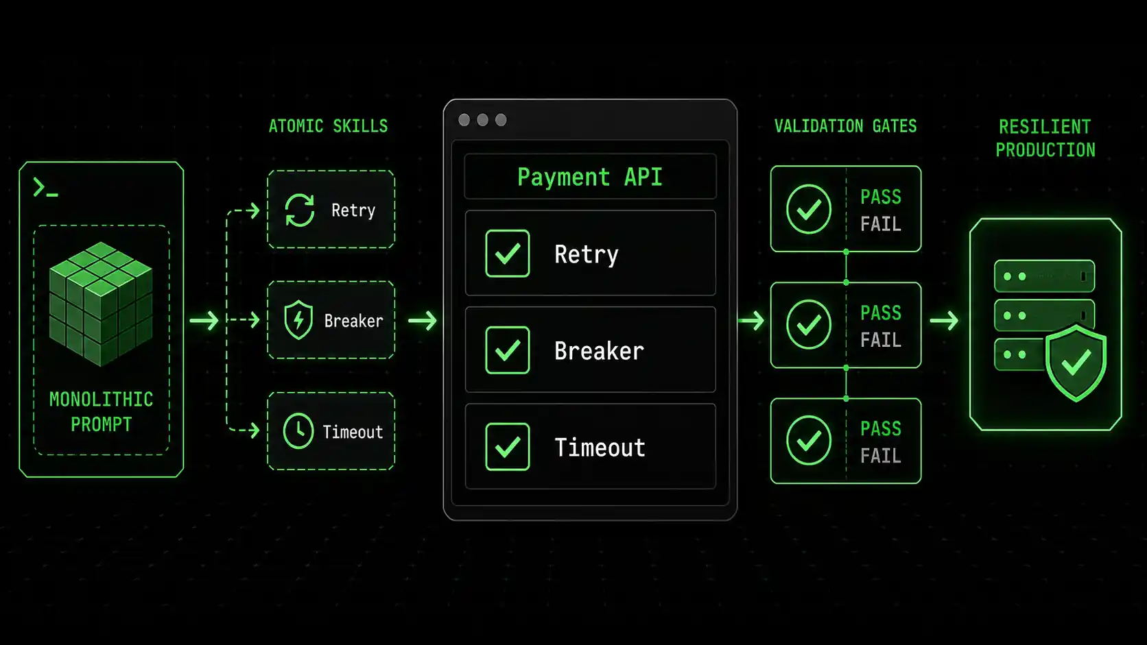 Screenshot of the Ralph Loop Skills Generator interface showing a skill named 'Ensure Payment API Resilience' with atomic tasks like 'Implement retry logic', 'Add circuit breaker', 'Set timeout to 5s', each with pass/fail criteria checkboxes
