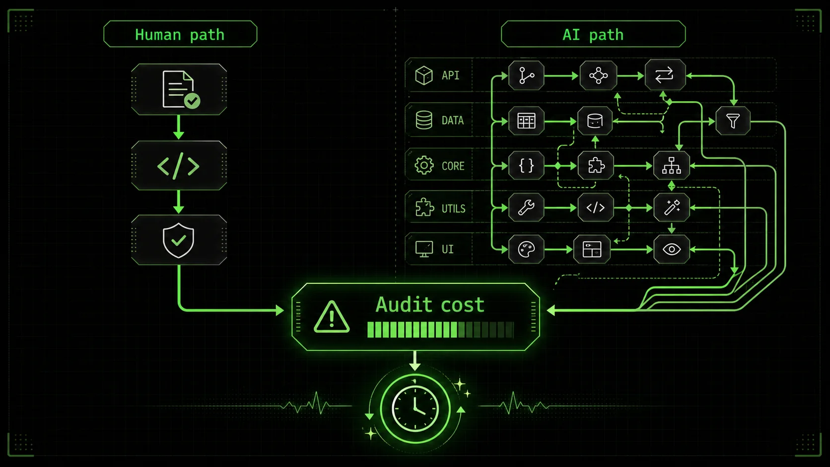 A flowchart showing a simple, clear human decision path next to a complex, convoluted AI-optimized path that reaches the same end point but is harder to follow.