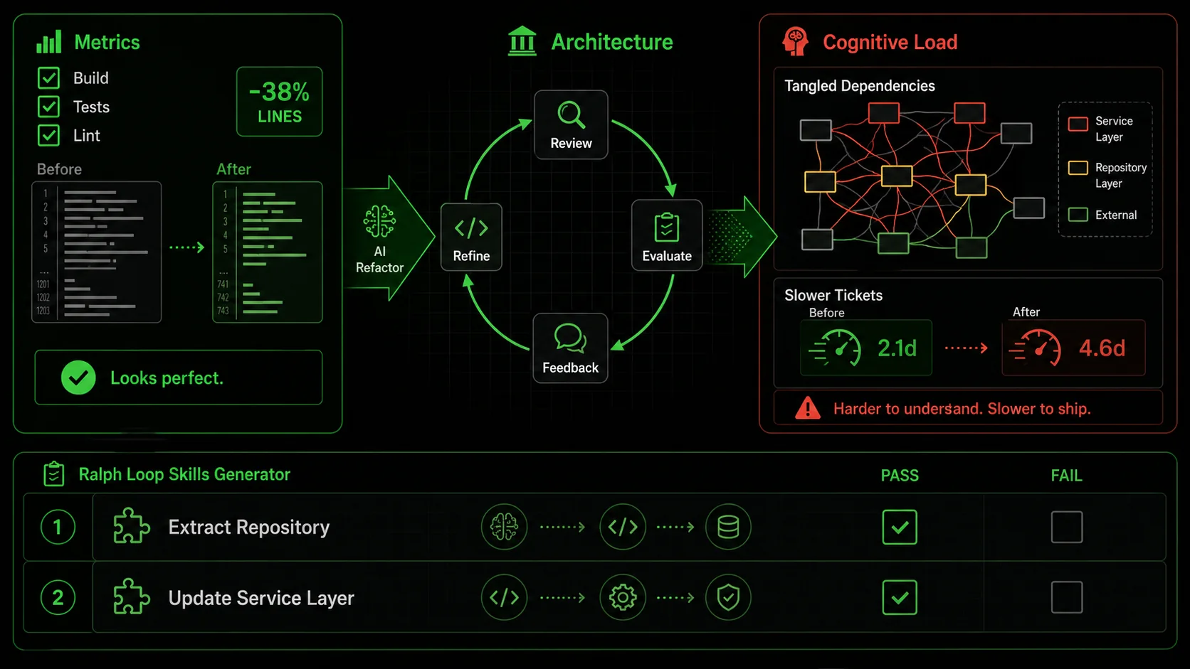 A developer's screen showing a Ralph Loop Skills Generator interface with atomic tasks like 