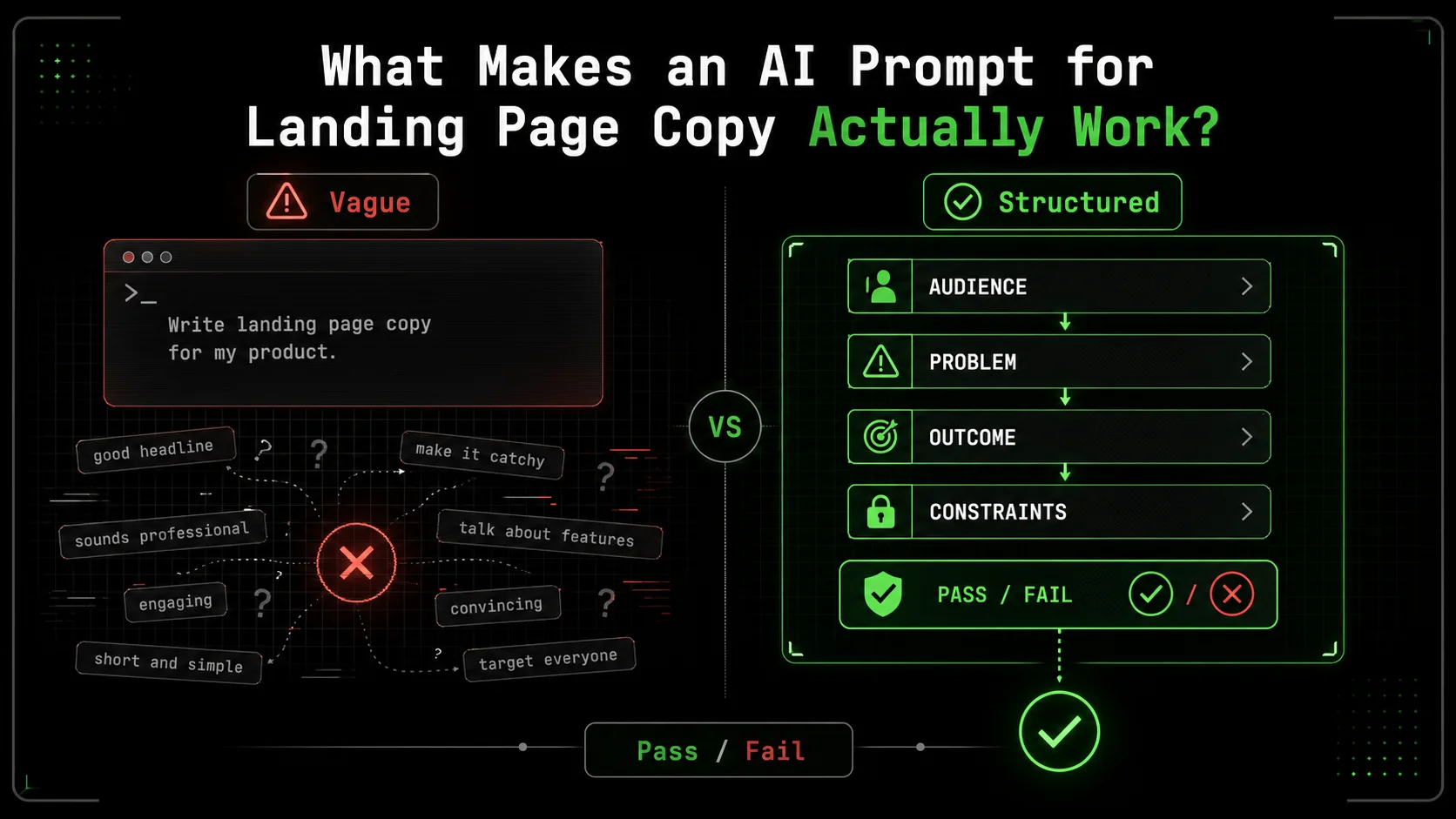 A split-screen showing a bad AI prompt on the left and a structured prompt with pass/fail criteria on the right