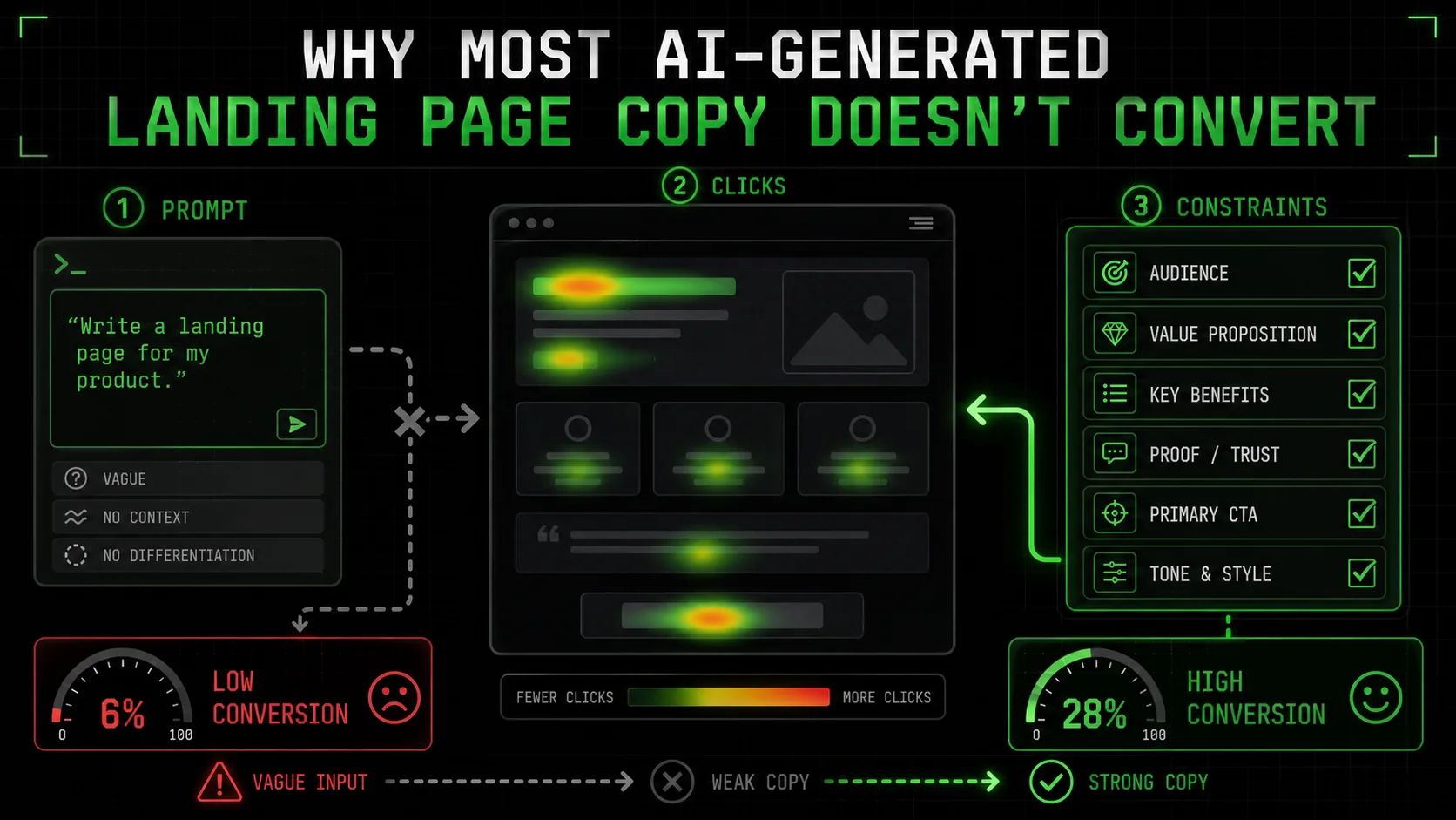 A heatmap showing where users click on a landing page with AI-generated copy