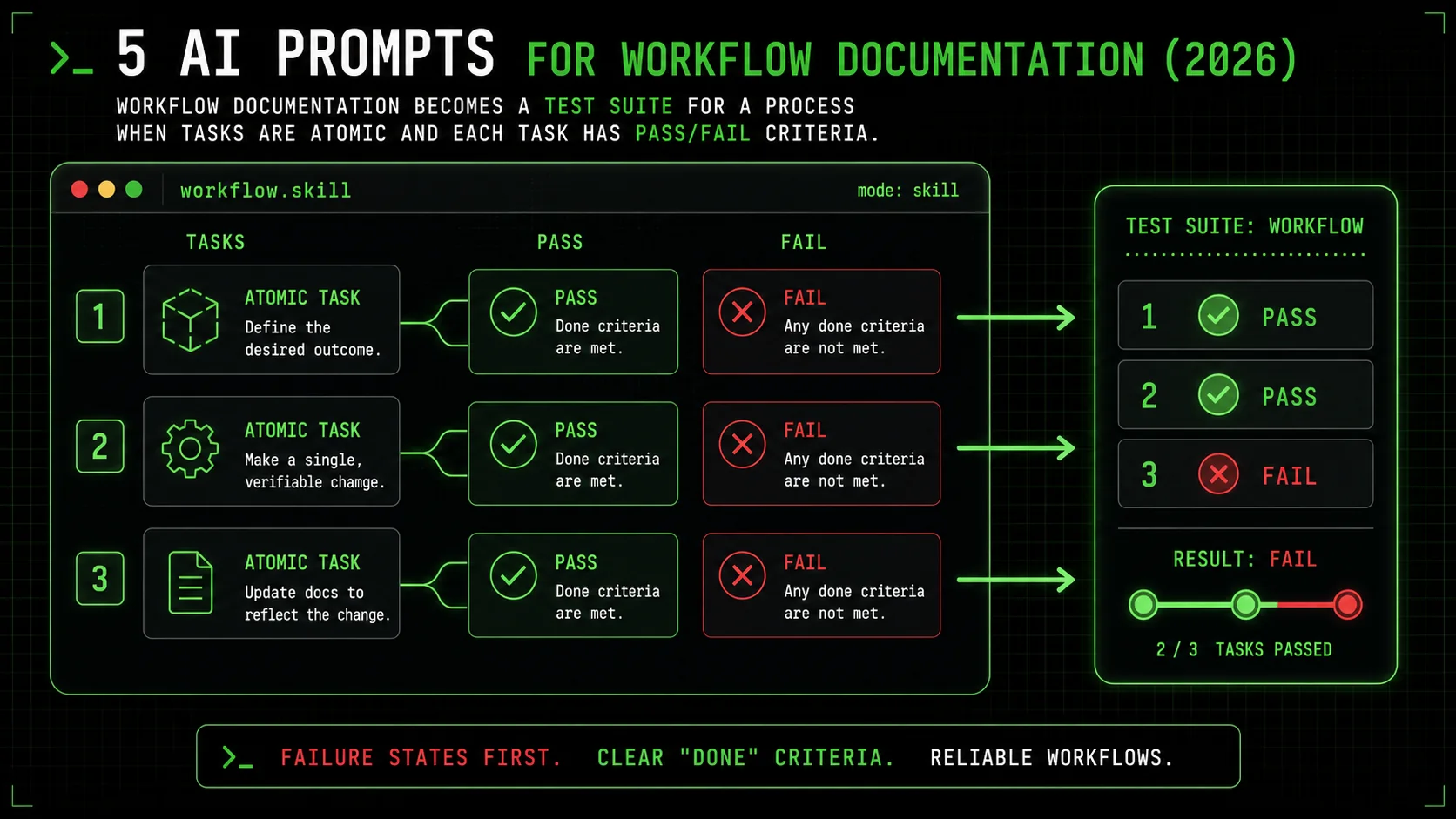A terminal window showing a Claude Code skill file with task definitions and pass/fail criteria