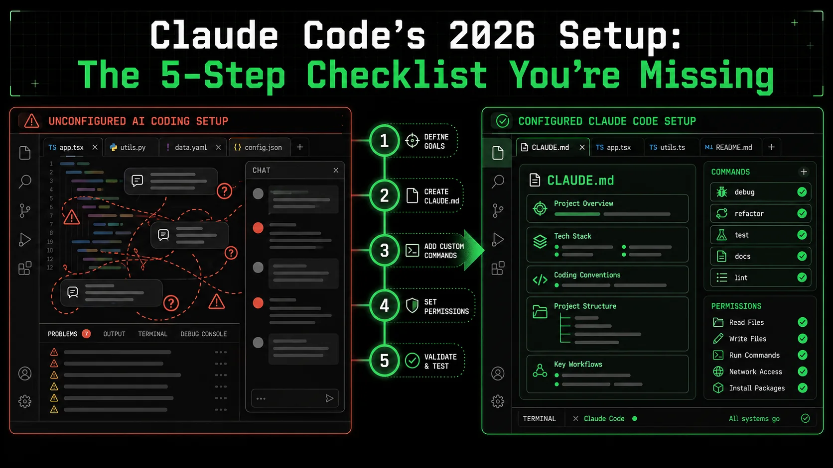 A side-by-side comparison of a messy, unconfigured Claude Code interface versus a clean, organized one with custom commands visible.
