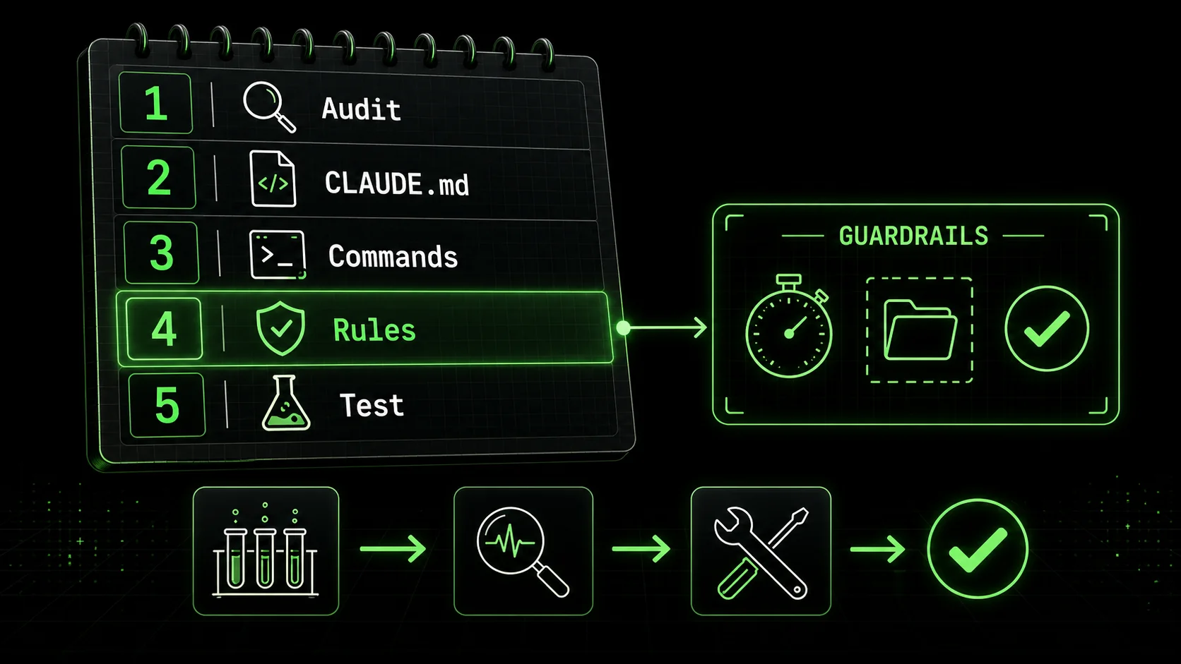 A visual checklist with five steps: 1. Audit & Scope, 2. Write CLAUDE.md, 3. Build Custom Commands, 4. Configure Autonomous Mode, 5. Test & Iterate.