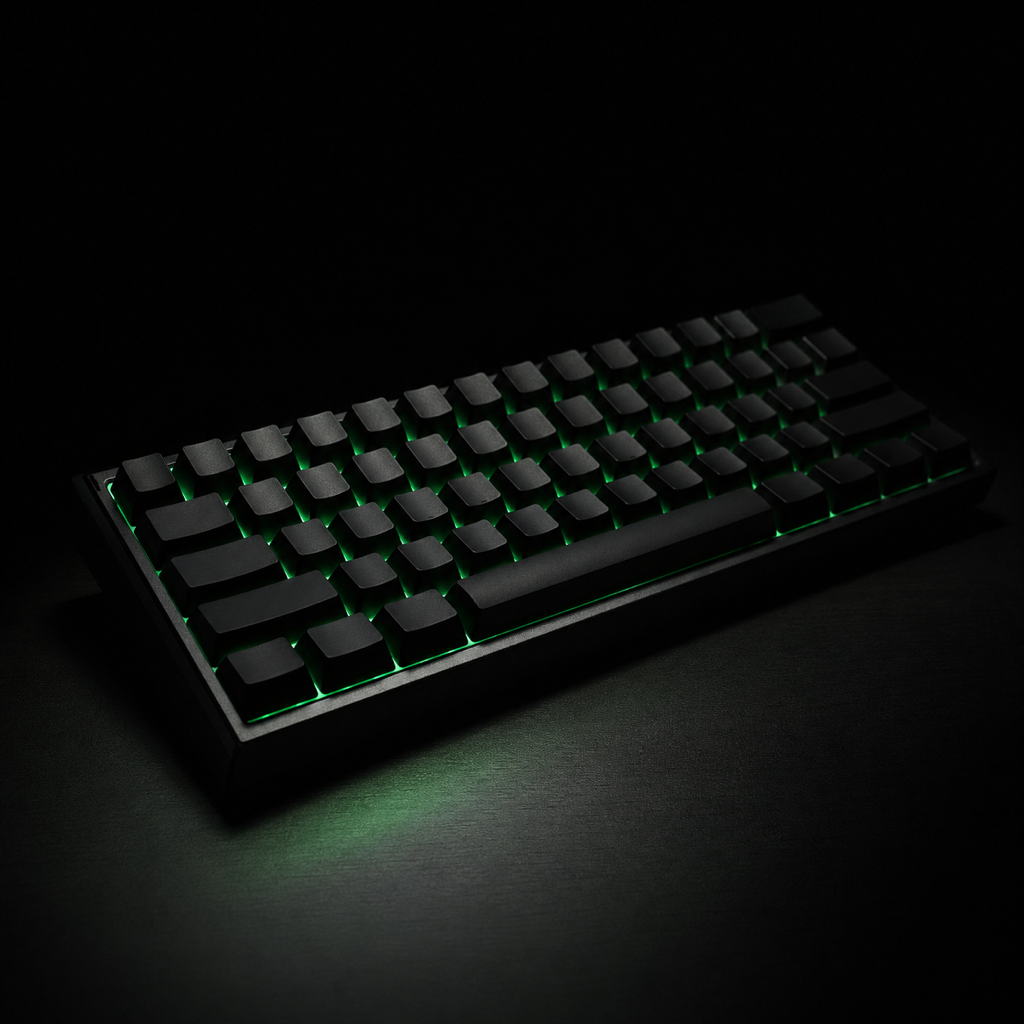 A matte-black mechanical keyboard glowing with thin terminal-green CRT light against a pure black desk, lit from below