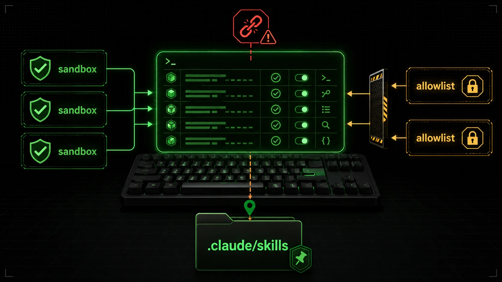 A matte black mechanical keyboard on a black desk with a glowing terminal-green CRT rectangle floating above the keys, representing a live install session