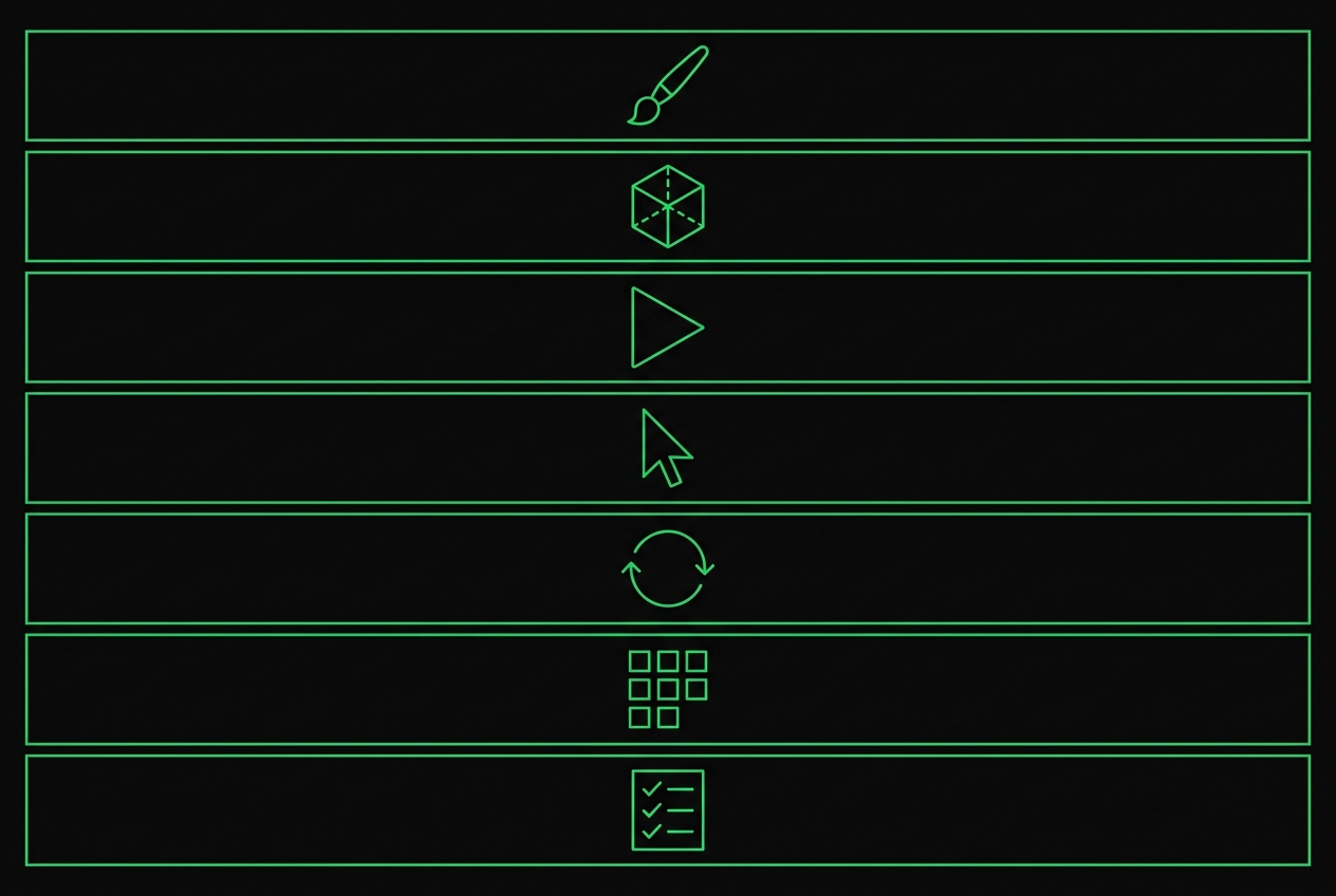 Seven stacked horizontal panels with abstract icon glyphs in green outline on pure black, representing the seven Claude Code skills covered in this guide