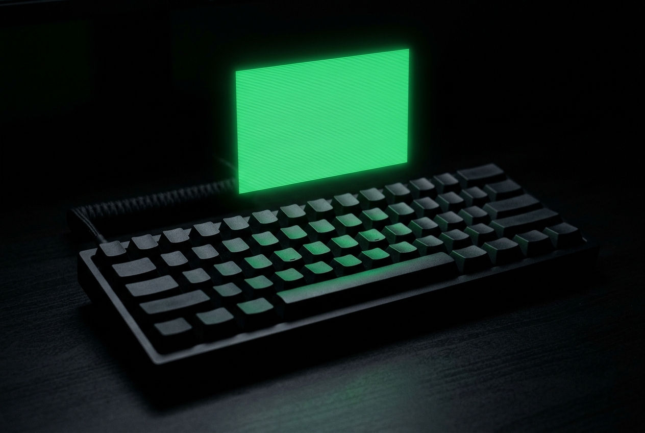 A matte black mechanical keyboard on a black desk with a glowing terminal-green CRT rectangle floating above the keys, representing a live install session