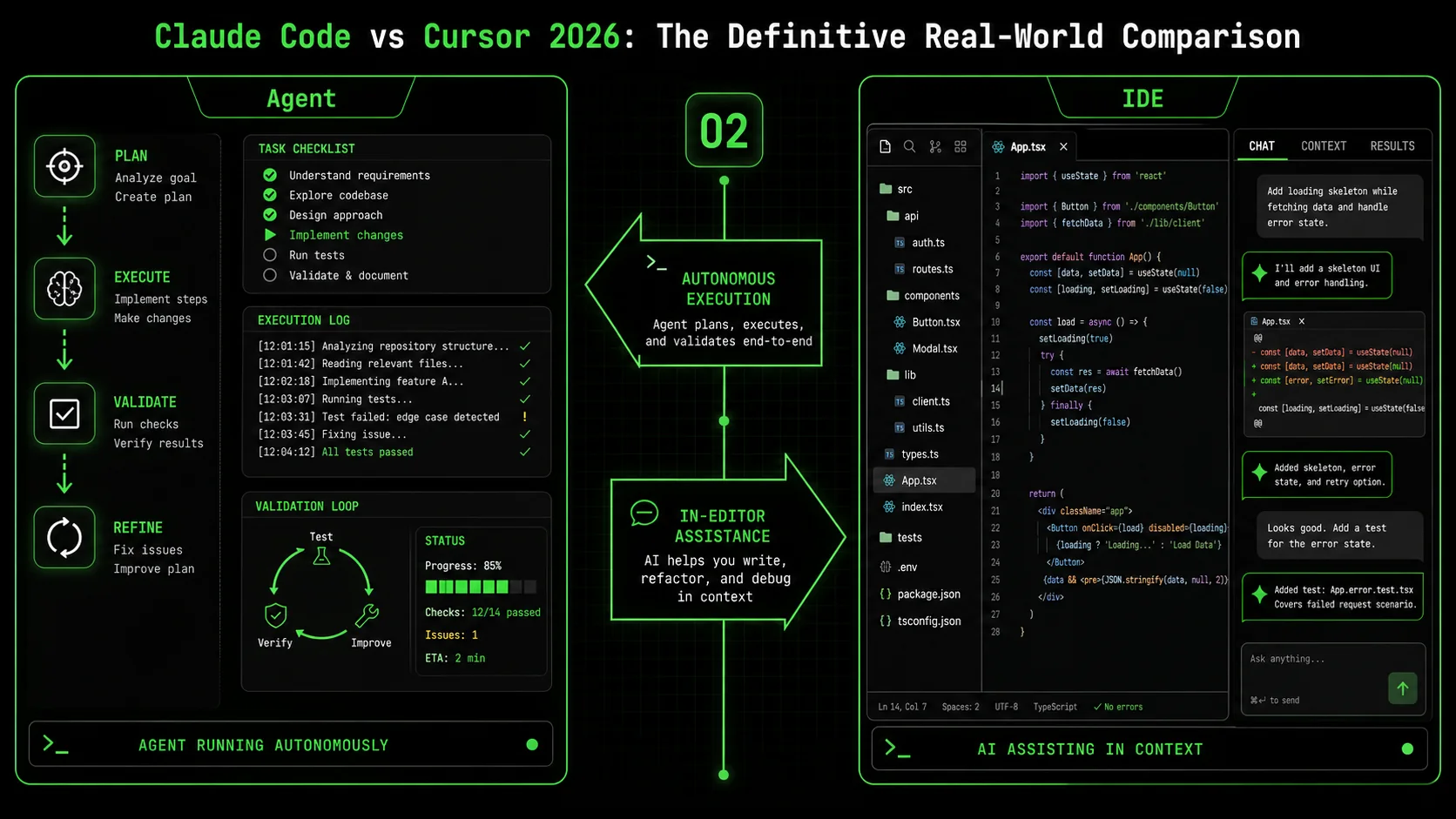 Screenshot comparison of Claude Code's autonomous mode interface versus Cursor's chat interface