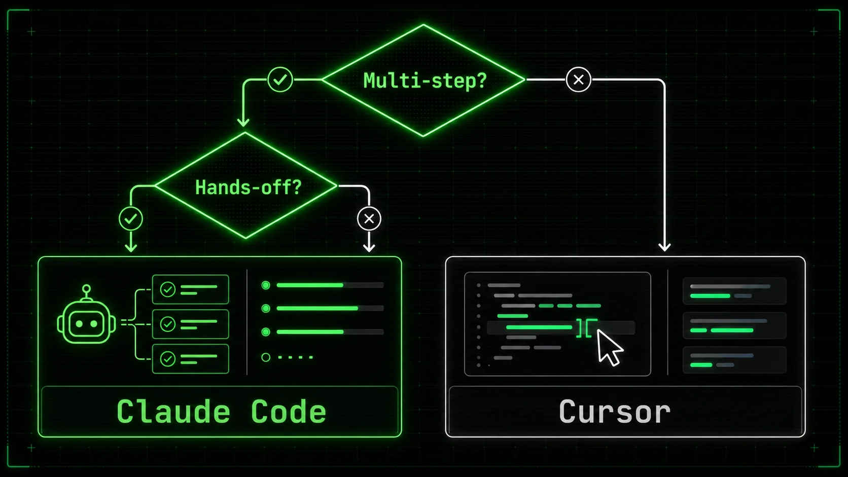 Flowchart decision tree for choosing between Claude Code and Cursor