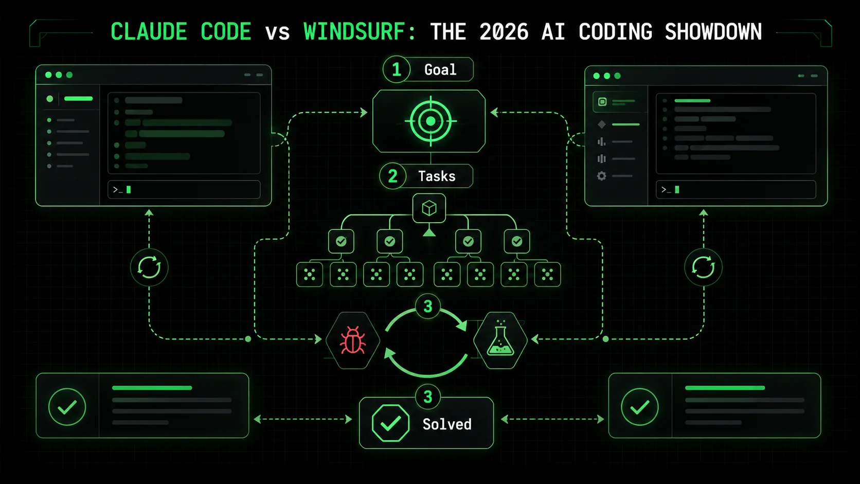 Screenshot comparison of Claude Code and Windsurf interfaces showing task decomposition