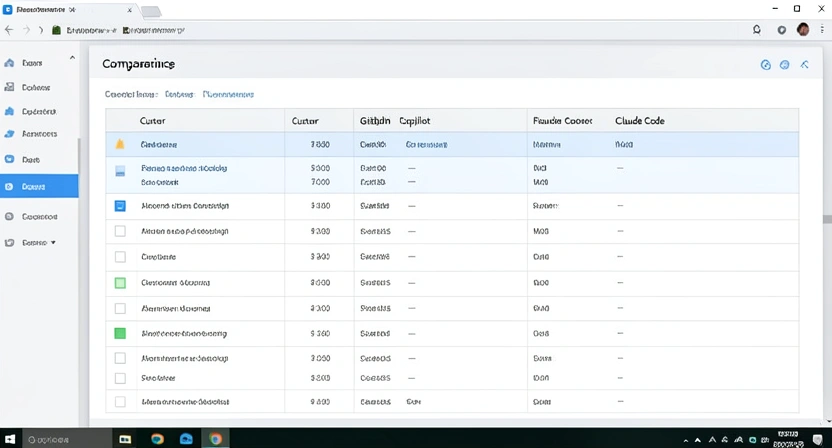 A comparison table screenshot showing features of Cursor, GitHub Copilot, and Claude Code