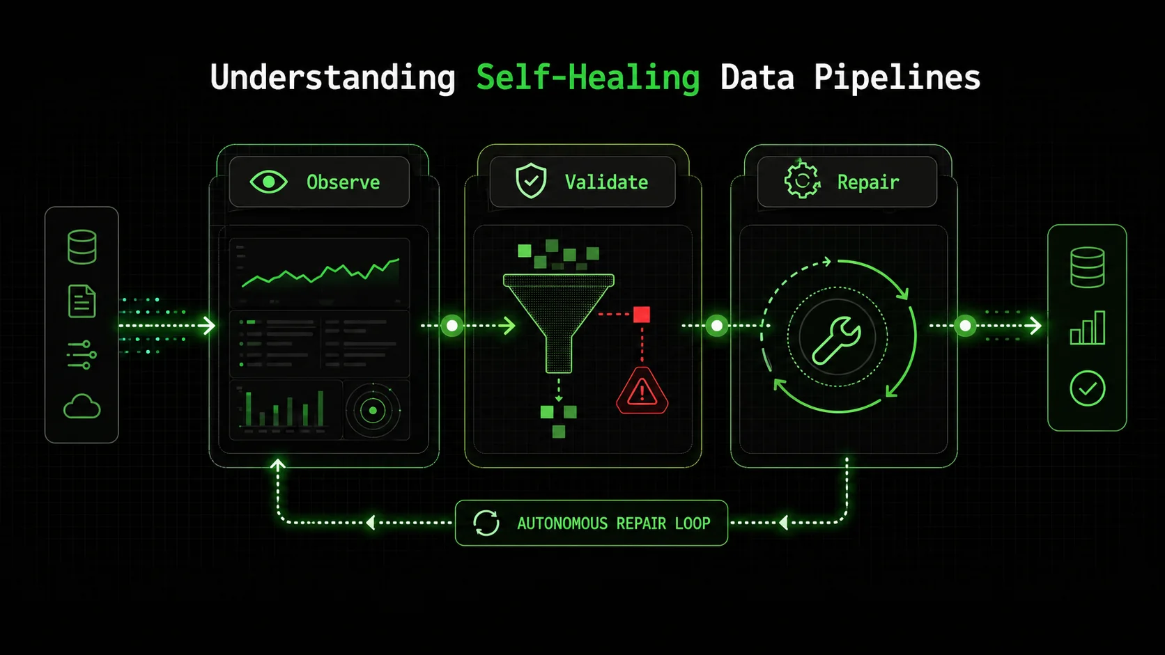 Screenshot of a Grafana dashboard showing data pipeline health metrics: success/failure rates for multiple ingestion jobs, latency percentiles, and a timeline of recent auto-remediation events.