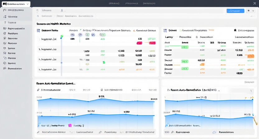Screenshot of a Grafana dashboard showing data pipeline health metrics: success/failure rates for multiple ingestion jobs, latency percentiles, and a timeline of recent auto-remediation events.