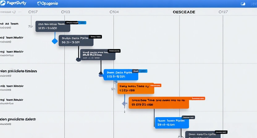 Screenshot of a PagerDuty or Opsgenie incident timeline showing a cascade of alerts from a broken data pipeline, with long resolution times and multiple team members tagged.