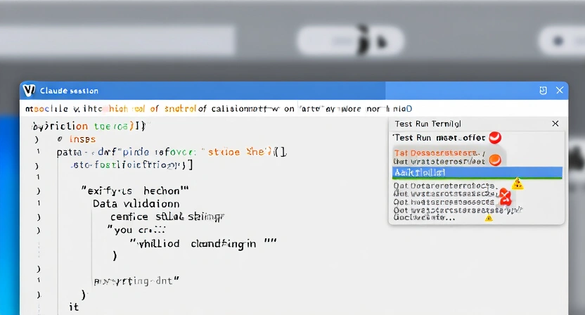 Screenshot of a VS Code editor with a Python file open, showing a Claude Code session defining atomic skills for data validation and error handling. The terminal shows a test run passing and failing specific tasks.