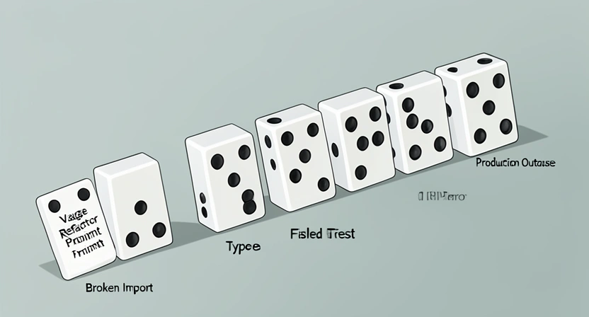 A visual metaphor of a domino effect, where one vague AI-generated code change triggers a cascade of failures throughout a codebase.