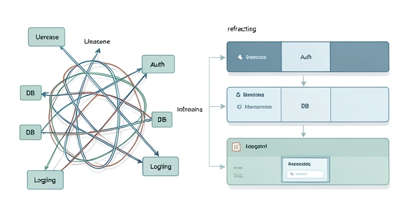 An architectural diagram comparing a tightly coupled monolith to a refactored service with clear boundaries, highlighting the seams where atomic skills can be applied.