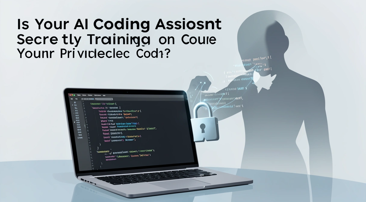 A conceptual illustration of data privacy in AI coding: a developer's laptop screen shows private source code, while a shadowy AI figure in the background appears to be absorbing or copying the code. A padlock icon is partially broken.