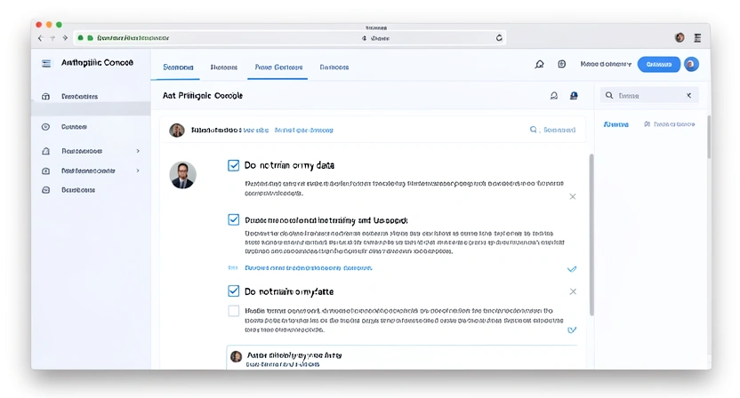 Screenshot of the Anthropic Console settings page, highlighting the data privacy and usage policy section with checkboxes for 