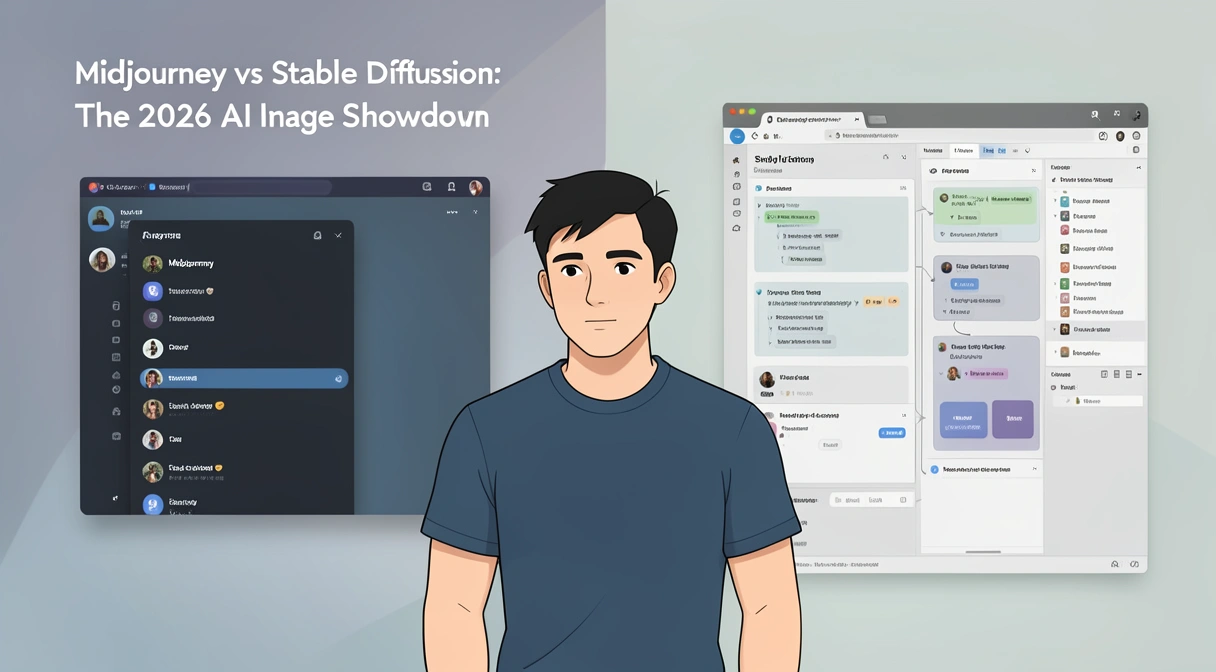 Midjourney vs Stable Diffusion 2026 comparison showing a developer's workflow with both tools side by side