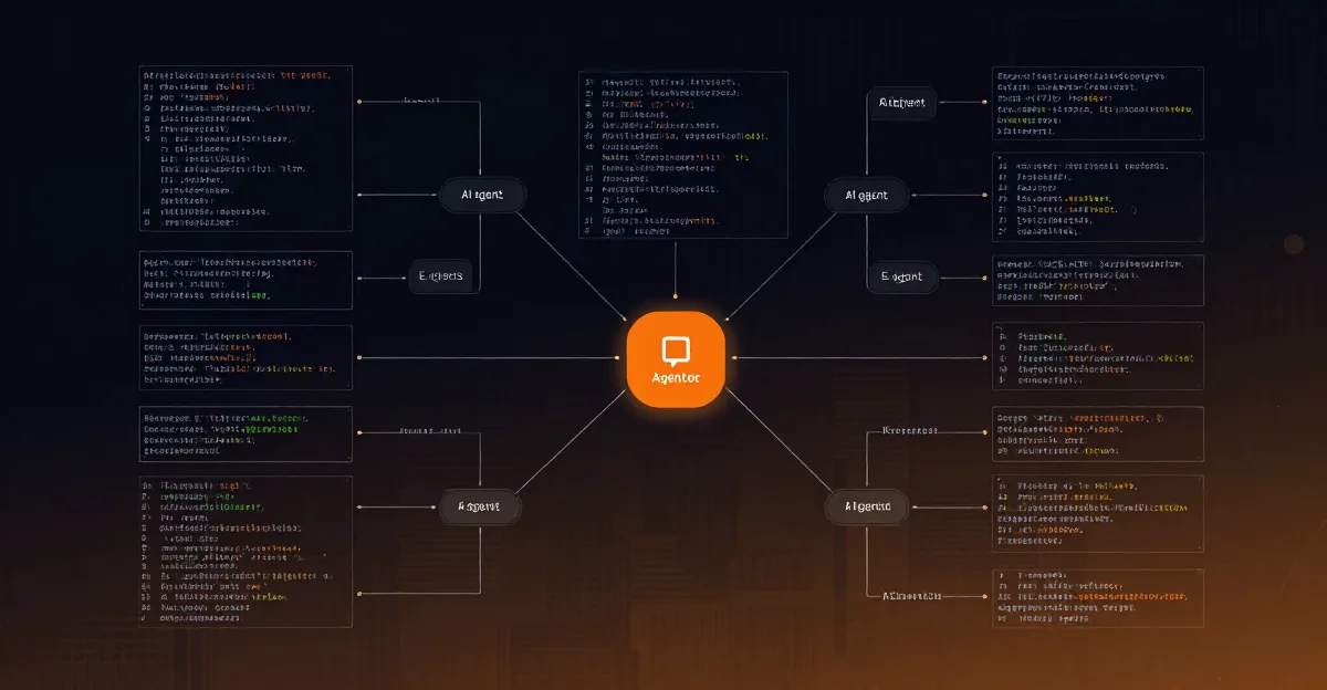 Diagramme en réseau montrant des agents IA parallèles se ramifiant depuis un nœud central, style terminal brutaliste sombre
