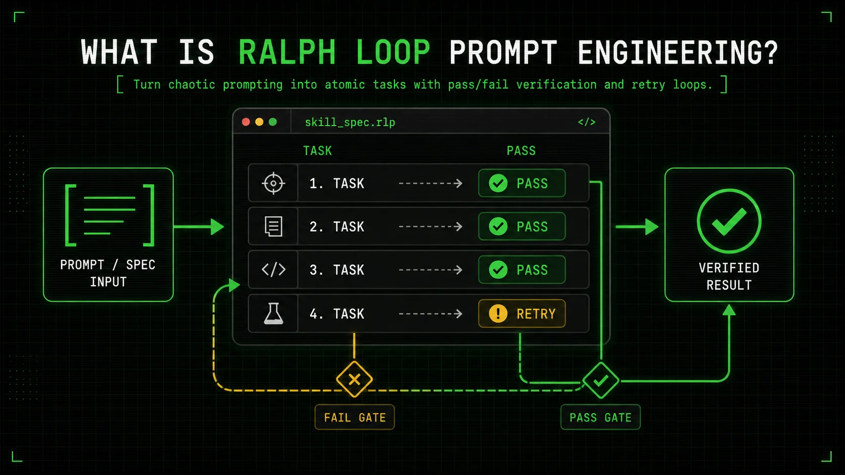 Screenshot of a code editor showing a Ralph Loop skill file with clearly defined tasks, each with a status indicator: PASS or RETRY.