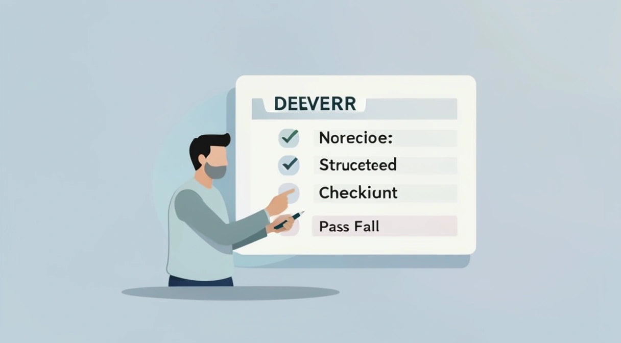 A developer looking at two screens: one shows a vague, messy AI output, the other shows a clean, structured checklist with green checkmarks.