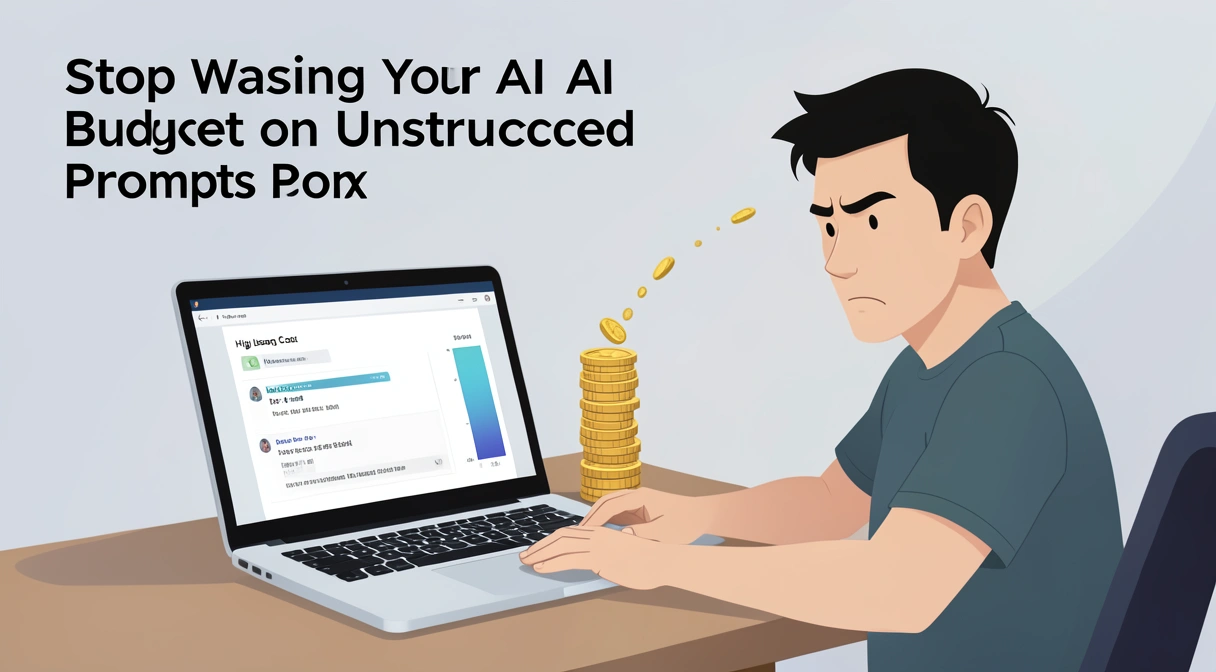 A frustrated developer looking at a laptop screen showing a long, rambling AI prompt and a high usage cost meter, with a stack of coins representing a budget draining away