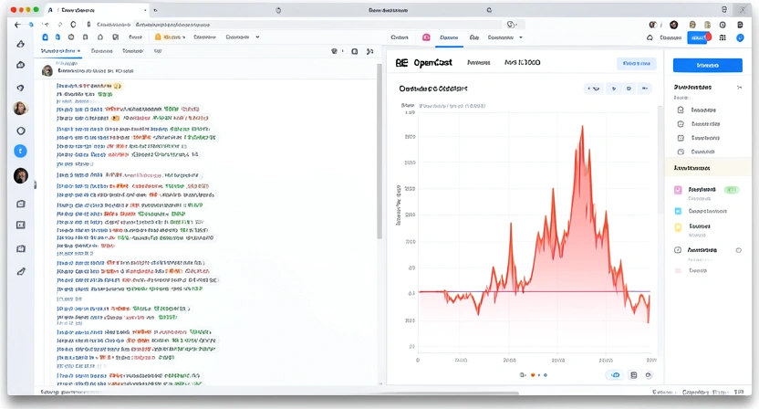 Screenshot of a code editor split-screen: on the left, a long, messy ChatGPT/Claude conversation history; on the right, a stark graph from a cost-monitoring tool like OpenCost showing a spike corresponding to that session