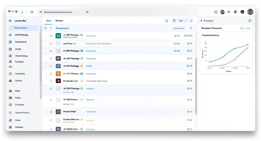 Screenshot of a project management tool like Linear or Jira, showing a backlog of tasks tagged with estimated AI skill packages and their associated predictable costs, next to a budget forecast chart