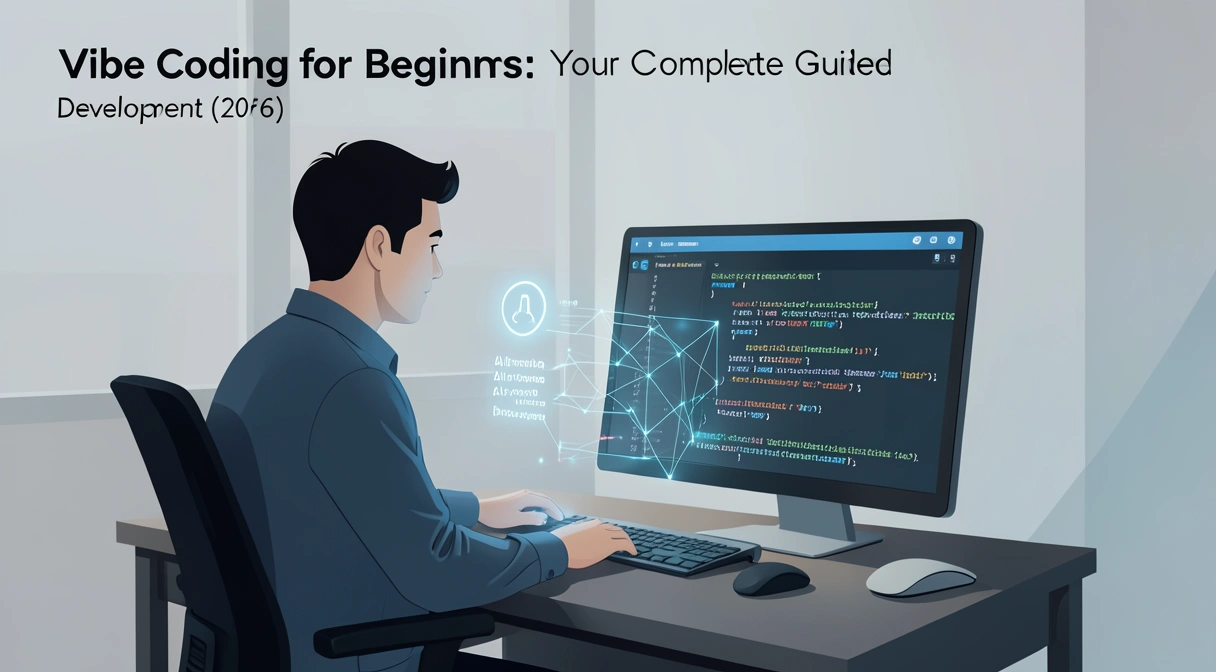 A developer sitting at a desk, looking at a glowing AI assistant interface on their screen, with lines of code being generated in real-time. The atmosphere is calm and focused.