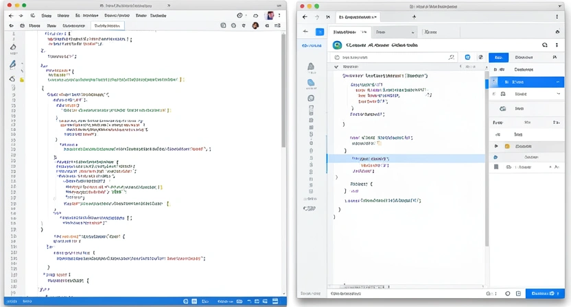 A split-screen comparison showing a traditional IDE with dense code on one side, and a modern AI-powered editor (like Cursor or Claude Code) with a chat interface and generated code on the other.