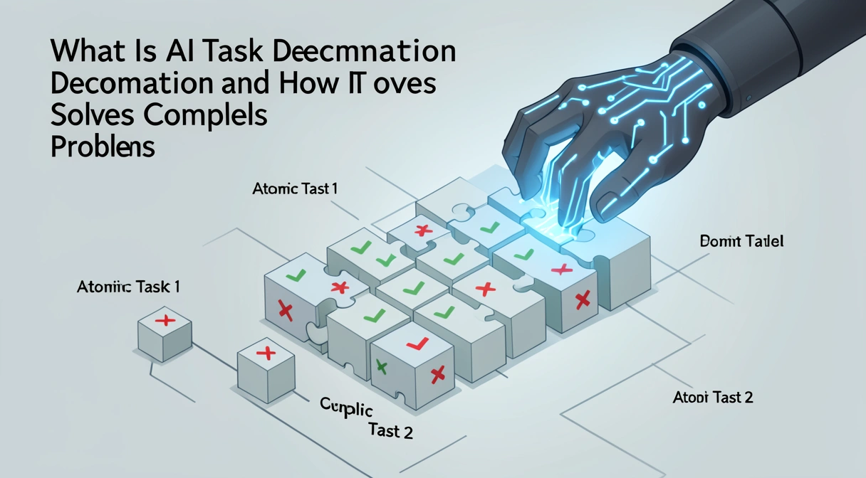 AI task decomposition concept showing a complex puzzle being broken into smaller, manageable pieces by a robotic hand