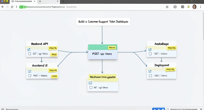 Screenshot of a Miro board or similar digital whiteboard showing a mind map with a central goal and branches of atomic tasks