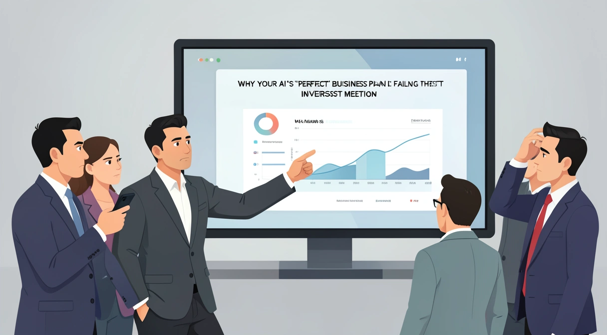 A frustrated entrepreneur presenting a sleek, AI-generated business plan on a screen to a skeptical panel of investors. The investors' body language is closed, with crossed arms and frowns, while the plan's graphics look generic and disconnected from reality.