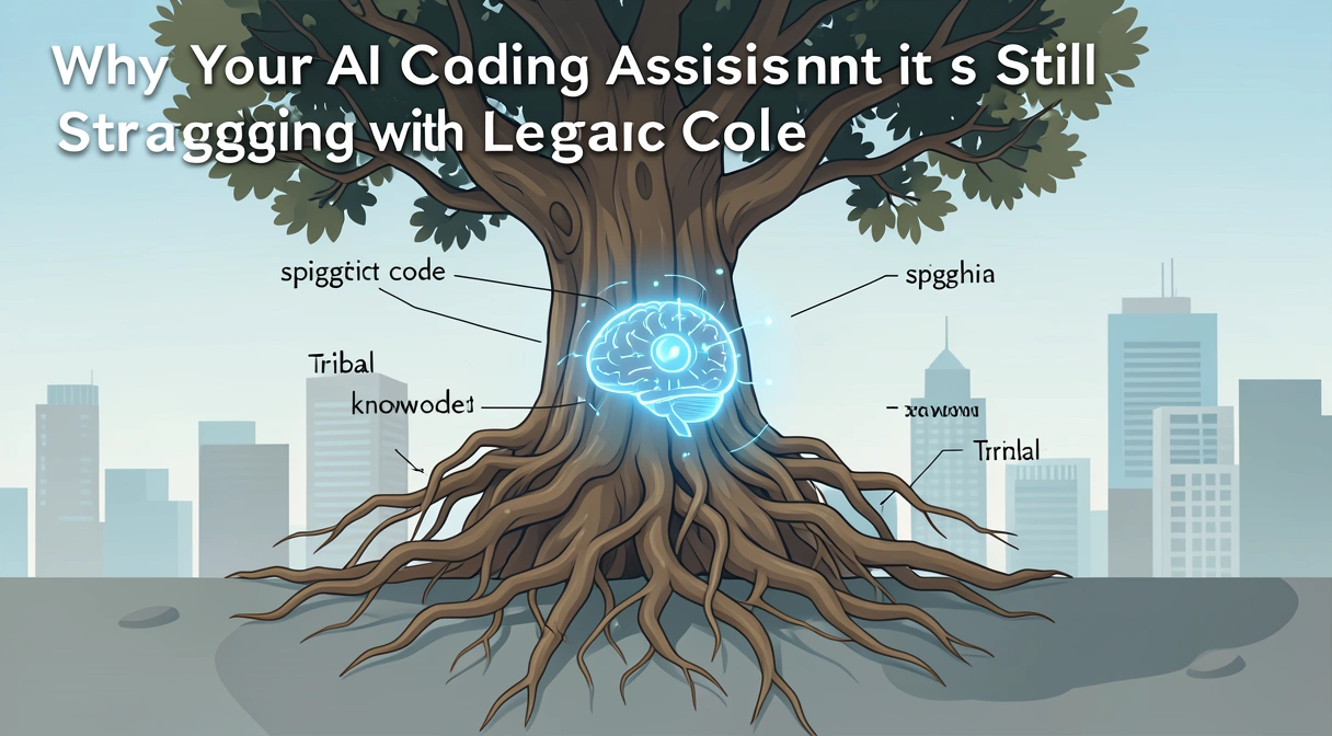 A visual metaphor for legacy code: a tangled, ancient tree with roots labeled 