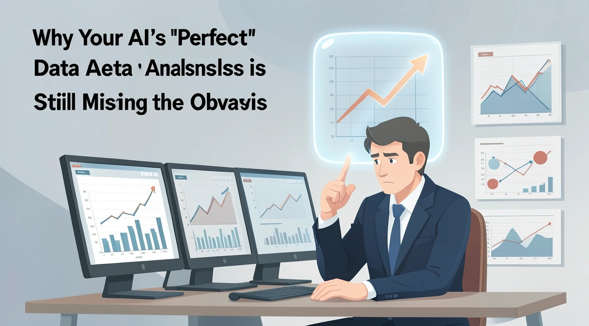 A frustrated business analyst sits at a desk with multiple screens showing complex data dashboards, while a large, glowing AI avatar overlooks the scene, pointing to a single, misleading chart.