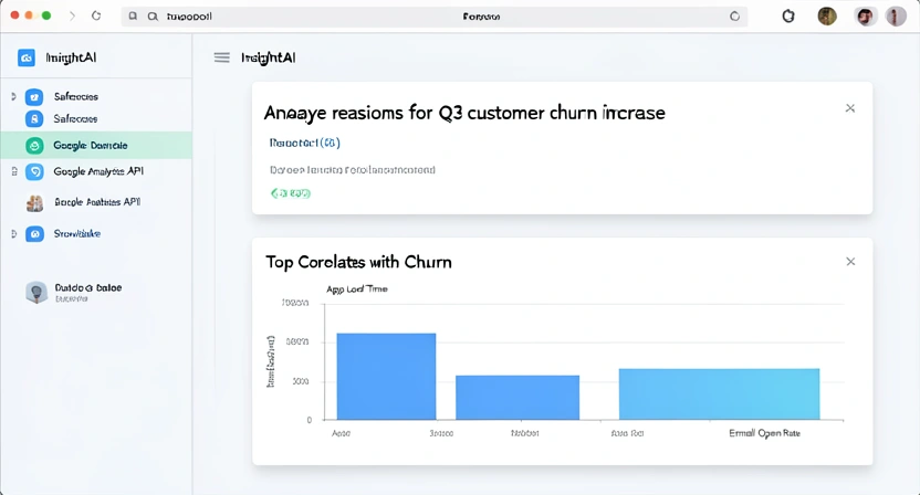 Screenshot of a typical autonomous AI data analysis platform dashboard, showing a sidebar with data source connections (Salesforce, Google Analytics, Snowflake) and a main panel with a natural language query box asking 
